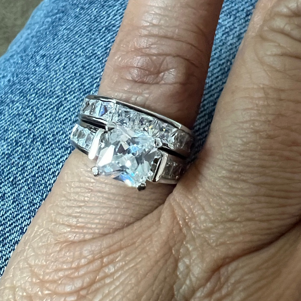 Silver Tone Princess Cut CZ Bridal Set Two Piece Ring Size 4.75 (Stamped 5)